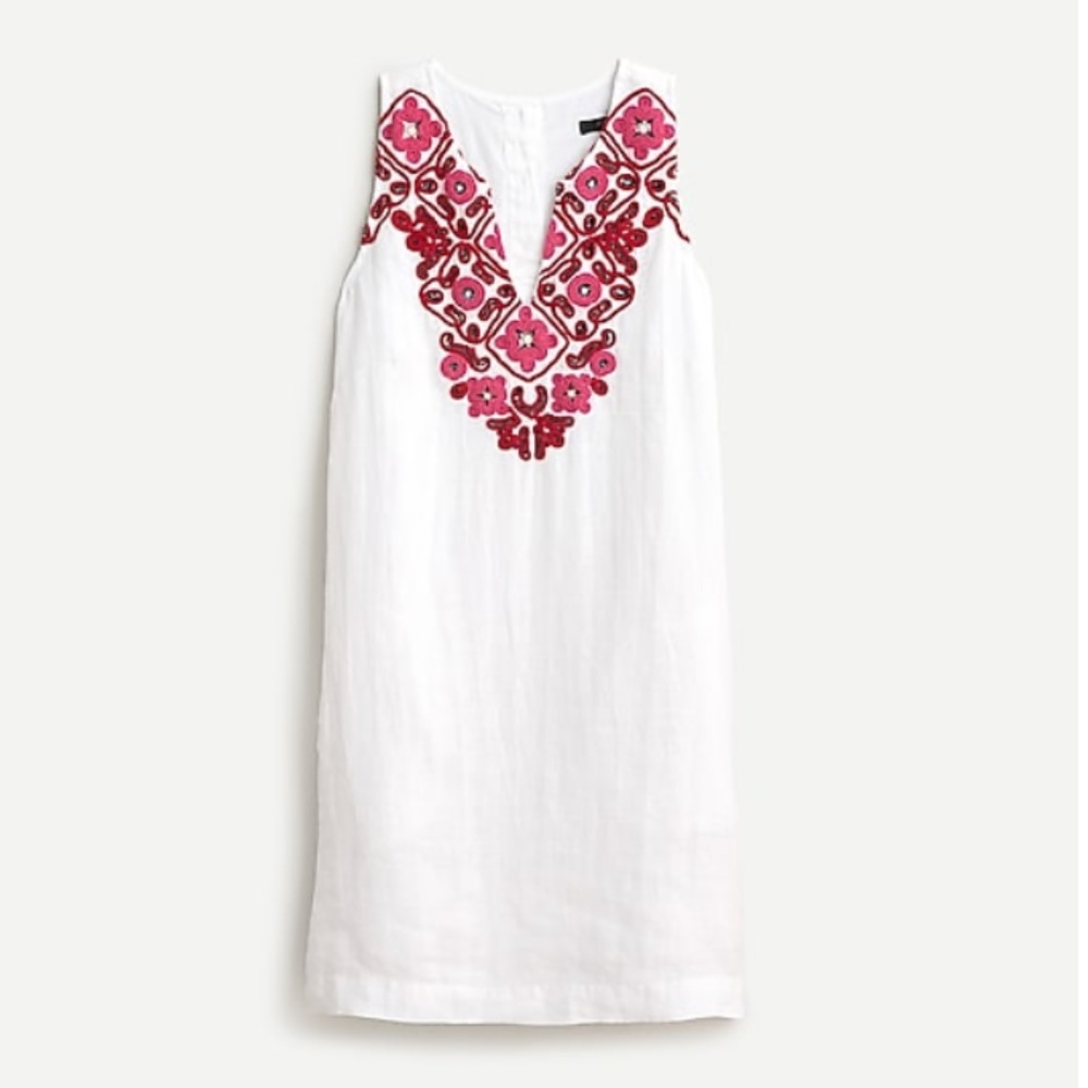 JCrew Button-back linen shift dress with embroidery